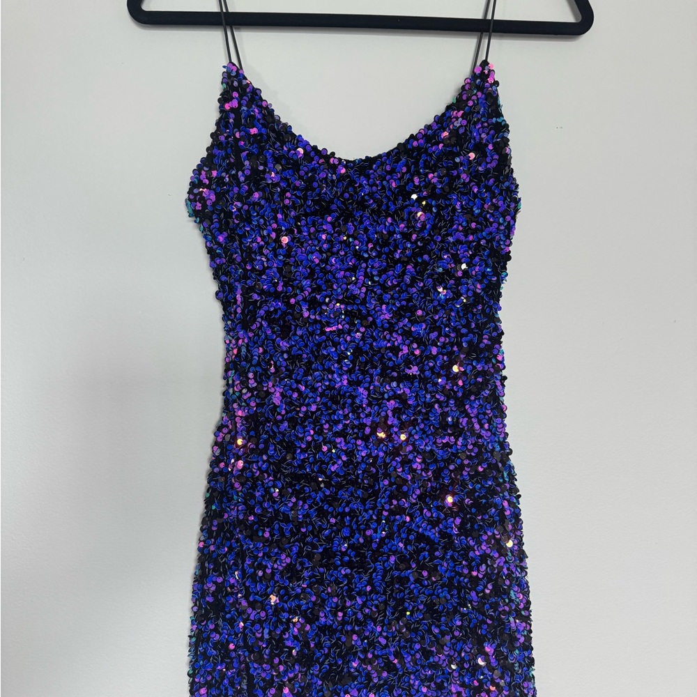 B Darlin Sequin Spaghetti Strap Mini Dress Blue and Purple